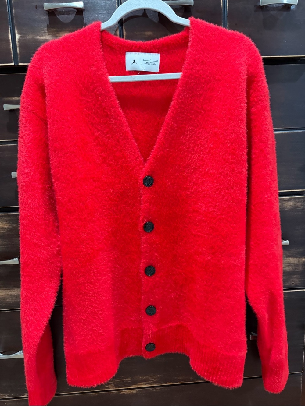 Jordan Men's Red Fuzzy V-Neck Button Cardigan/ Size Small/ oversized